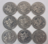 1970 (1870-) Canadian Manitoba One Dollar Coins , Nine (9) Coins