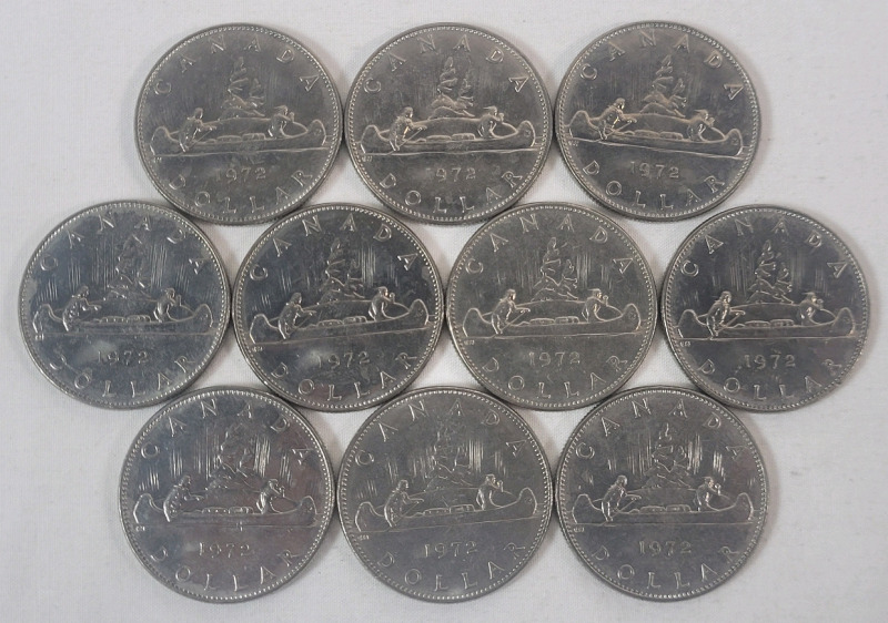 1972 Canadian One Dollar Coins , Ten (10) Coins .