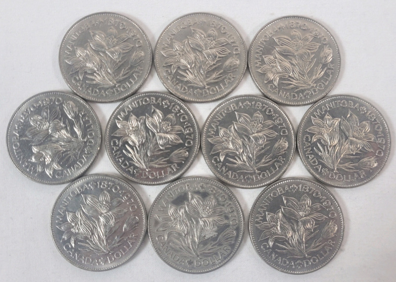 1970 (1870-) Canadian Manitoba One Dollar Coins , Ten (10) Coins