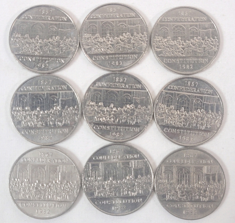1982 (1867-) Canadian Constitution One Dollar Coins . Nine (9) Coins