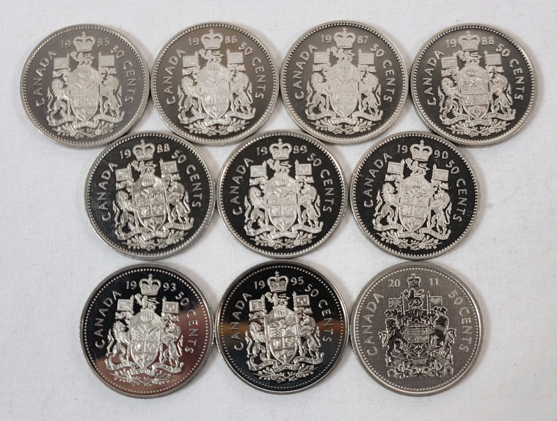 1985 - 2011 Canadian Proof 50-Cent Half Dollar Coins . 1985 , 1986 , 1987 , 1988 &times;2 , 1989 , 1990 , 1993 , 1995 & 2011 . Ten (10) Coins , Uncirculated