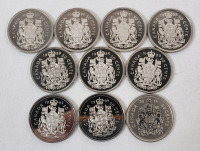 1985 - 2011 Canadian Proof 50-Cent Half Dollar Coins . 1985 , 1986 , 1987 , 1988 &times;2 , 1989 , 1990 , 1993 , 1995 & 2011 . Ten (10) Coins , Uncirculated