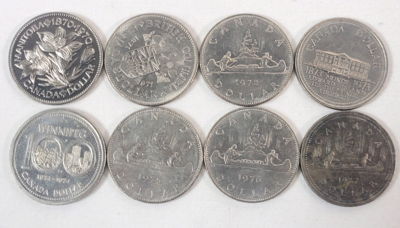 1970 - 1977 Canadian One Dollar Coins , Consecutive Years . Eight (8) Coins