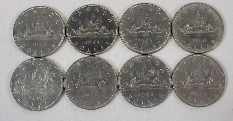 1968 & 1969 Canadian One Dollar Coins . 1968 &times;4 & 1969 &times;4 . Eight (8) Coins