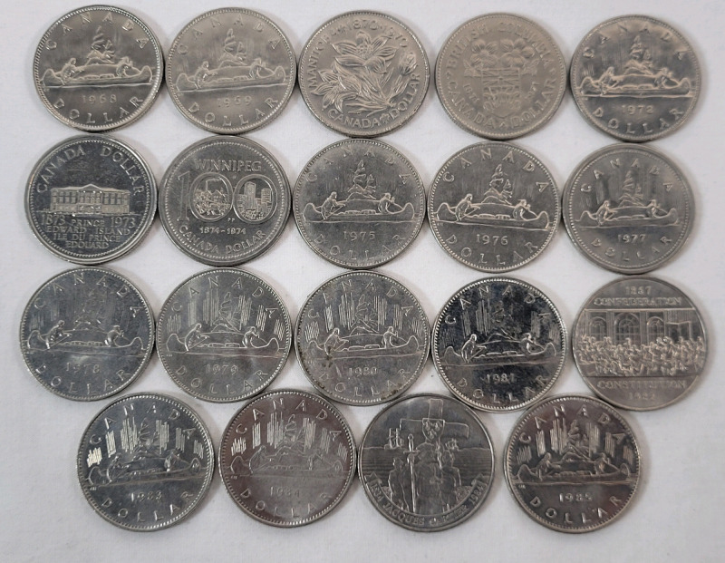 1968 - 1985 Canadian One Dollar Coins , Consecutive Years - 19 Coins . Includes 1984 Canoe & 1984 Jacques Carter