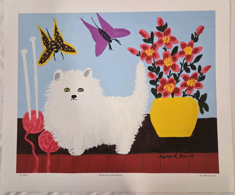 Print of "White Cat With Flowers" By Maud Lewis | Measures 20" x 24" | 21/950