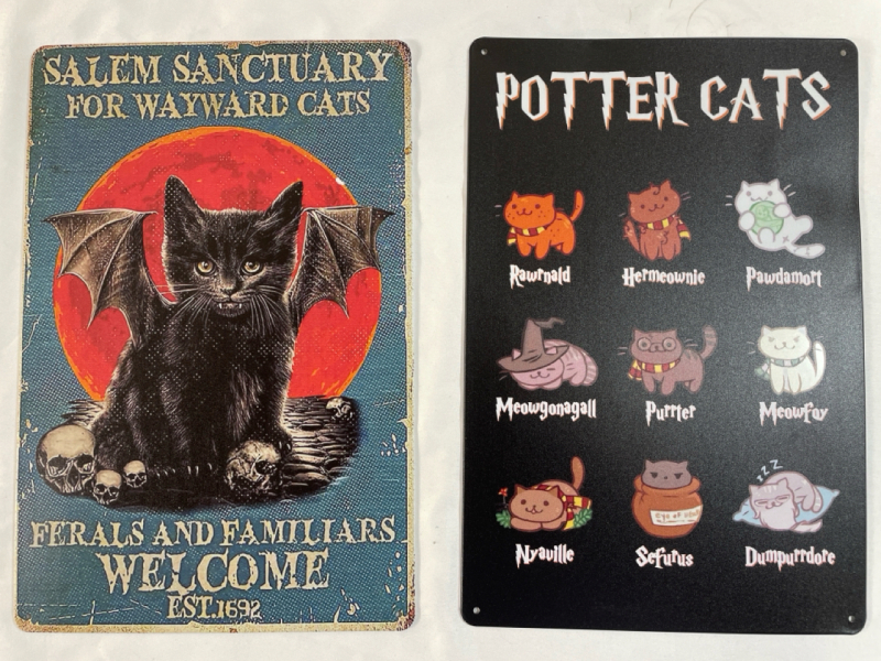 2 New metal signs 8&rdquo;x12&rdquo; spooky cat theme