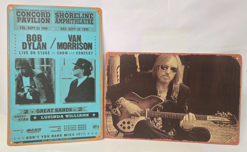 2 New | Metal Wall Signs Tom Petty, Bob Dylan & Van Morrison | Largest Sign Measures 8" x 12"
