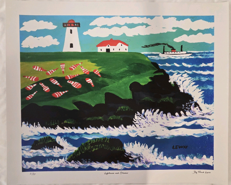 Print of "Lighthouse and Steamer" By Maud Lewis | Measures 24" x 21" | 2/99