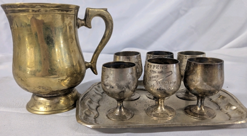 Metal Servingware Lot. Tray, 6 mini Cordial Goblets & Cup. Cup Measures 5" Tall