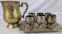 Metal Servingware Lot. Tray, 6 mini Cordial Goblets & Cup. Cup Measures 5" Tall