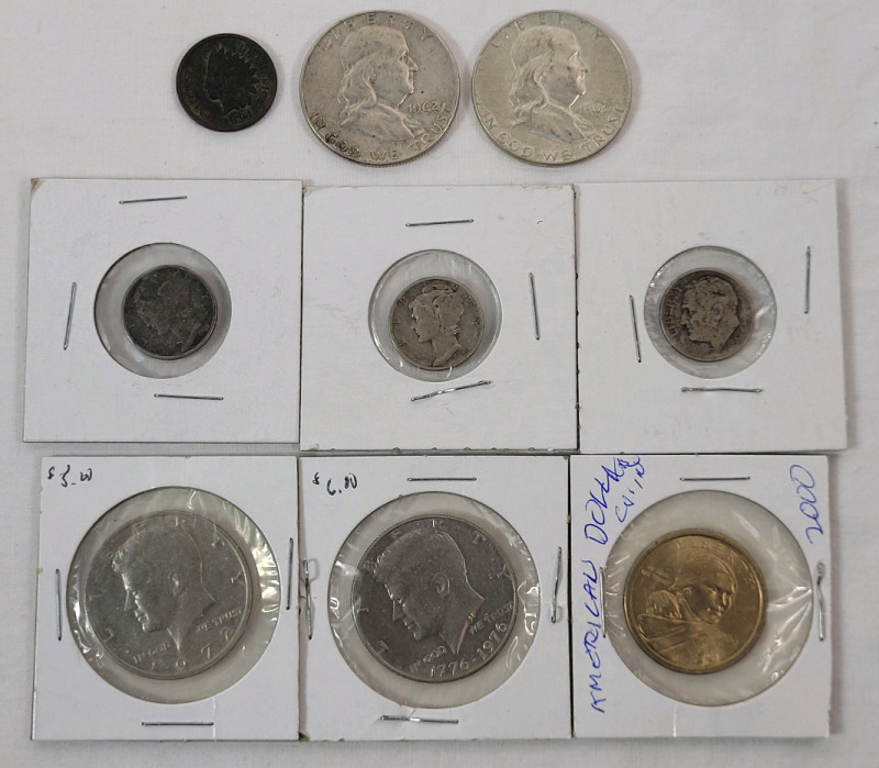 1891 - 2000 USA Coin Lot . 1891 Indian Head Penny , 1962 & 1963 Silver Half Dollar , 1944 , 1945 & 1946 Silver Dimes , 1972 & 1976 Half Dollar & 2000 Sacagawep Dollar .