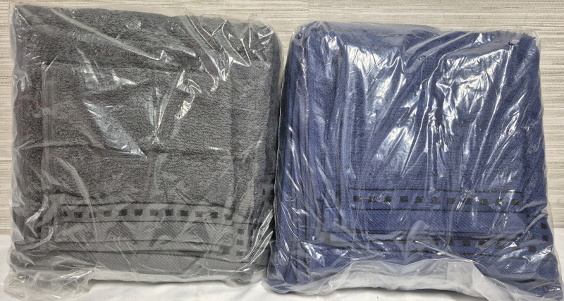 2 New GLAMBURG Ultra Soft 3 Pack Cotton Towel Sets, Contains a Bath Towel 28x55", a Hand Towel 16x24" & a Wash Coth 12x12" Grey & Navy Blue