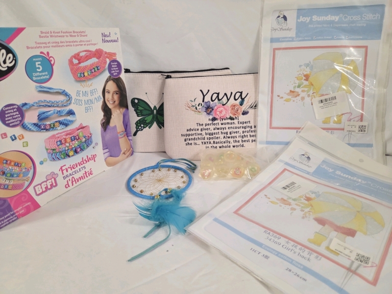 New | Hobbies, Toys and Crafts Lot | Includes Bracelet Making kit, cross stitch kits, Bouncy Balls & More!