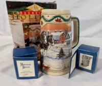 3 Vintage Steins. 2 Ganz Vintage Pewter Heritage Steins & 1996 Budweiser Holiday Stein. All Steins come with box.