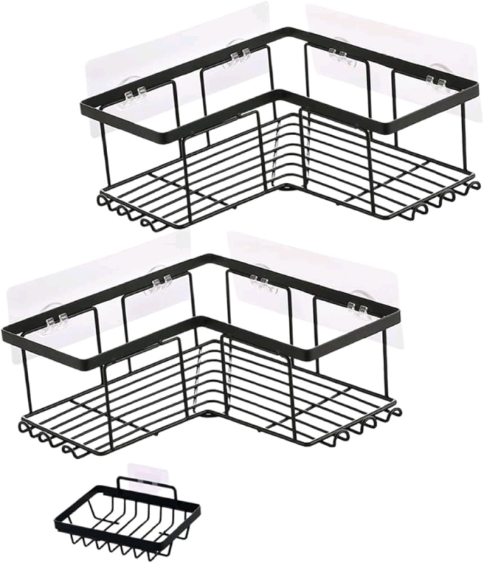New 3-Piece No Drill Corber Shower Shelves & Soap Holder with Adhesive Backing Strips with Built-In Hooks - Up to 9" &times; 2.5" &times; 9"