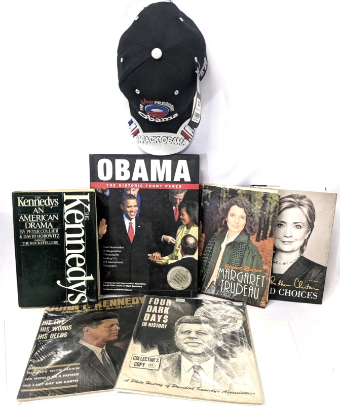 4 Books on US & Canadian Politicians (Obama, The Kennedys, Margaret Trudeau & Hillary Clinton), 2 Vintage Kennedy Magazines, As-New Barack Obama #44 Heavily Embroidered Baseball Cap With Tags