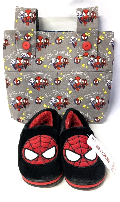 New Kids Size EU 30 Nonslip Super Soft Fuzzy Spiderman Slippers & New Handmade 100% Cotton Outer Spidey & Friends Walker Bag (13" &times; 3" &times; 9" - excluding straps)