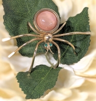 Adorable Large Vintage Spider Brooch with Green Rhinestone Eyes & Pink Polished Stone in Abdomen - 2.5" Across