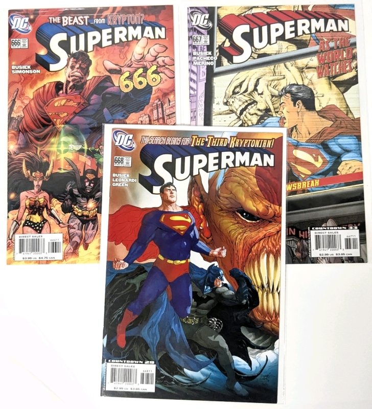 3 2007 DC Comics SUPERMAN Direct Sale Popular Run Issues : #666 The Beast ...from Krypton?, #667 As the World Watches & #668 The Search Begins for The Third Kryptonian! , All Bagged / Boarded