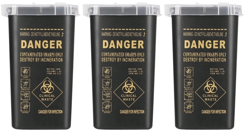 3 New Plastic Sharps / Needle Collectors / BioHazard Bins - Each Holds up to 1L