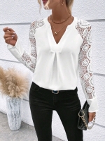 New Size XL Women's Contrast Lace Raglan Sleeve Curved Hem Notched Neckline Blouse