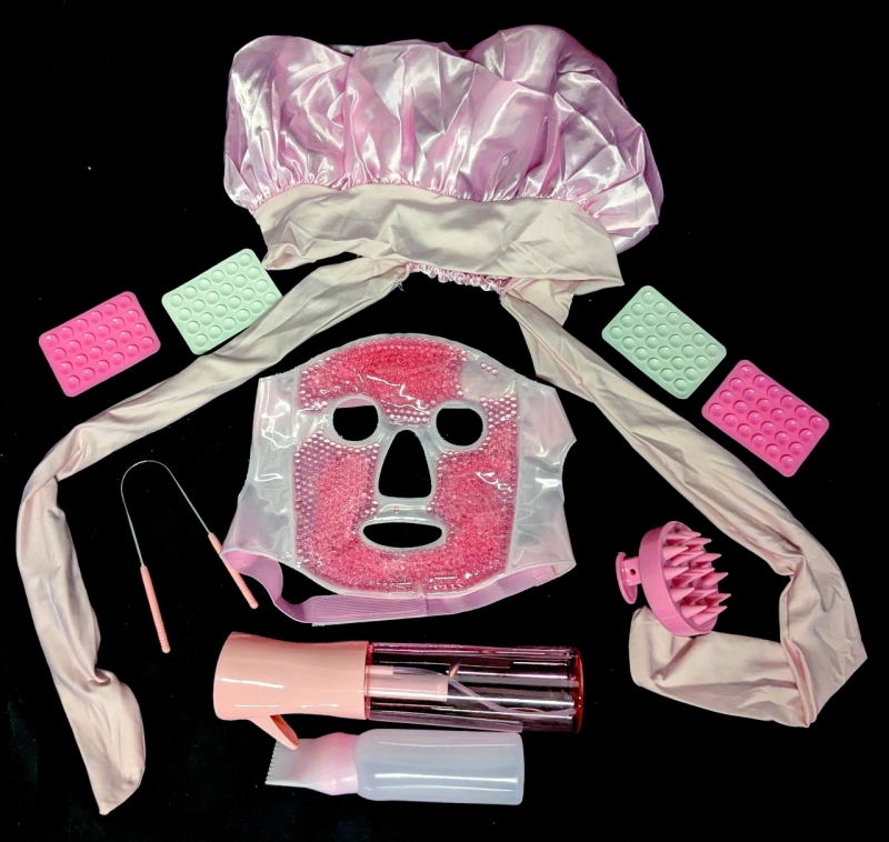 New Pink Self-Care : Satin Hair Bonnet, Reusable Cooling Gel Bead Face Mask, Spray Bottle Hair Dye Application Bottle, Scalp Massager, Tongue Scraper & 4pc Pink & White Suction Pads for Cars / RVs