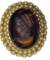 Victorian Revival Large Tourtoise Shell Glass Cameo Brooch 2 inch back Bale Lovely Lady Possibly West Germany