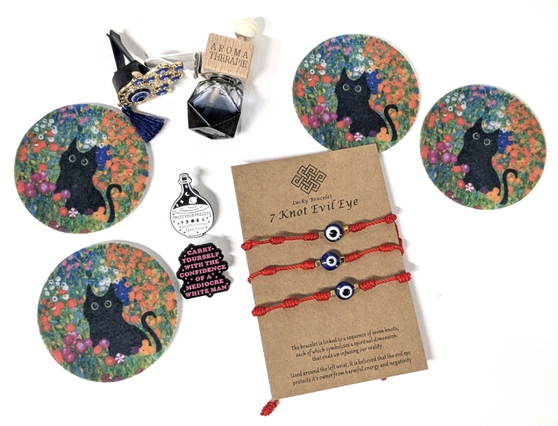 New Hamsa Evil Eye 3pc Knotted Bracelets & Car Vent Clip Evil Eye Protection, Glass Car Vent Essential Oil Diffuser (Empty) , 2 Enamel Pins & 4&times; Car Cup Holder Bottom Covers (2.75" Diameter Each)