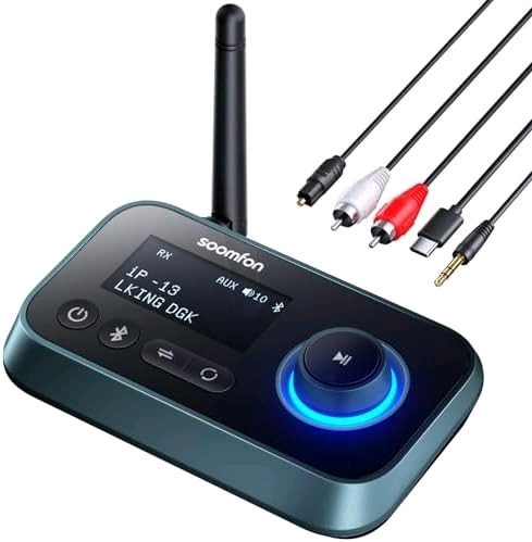 New - SOOMFON Bluetooth Transmitter and Receiver for TV - Bluetooth 5.0 TV Adapter with Volume Control, Long Range Audio for 2 Headphones (Optical, RCA, Aux)