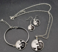 New Adorable Ying Yang Cat Jewelry Set - Earrings, Bracelet & Necklace