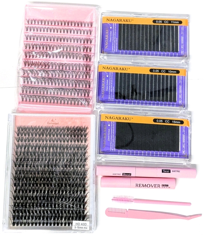 5 New Packs Eyelash Extensions: 9-16mm Mix, 3&times; Nagaraku 10mm, 11mm, 15mm + Tweezers, Comb, Bond/Seal & Remover