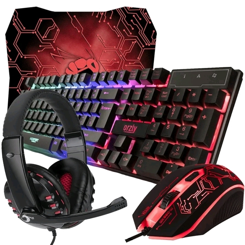 New - Orzly Wired Gaming Keyboard , Mouse , Mouse Pad & Gaming Headset Combo , Hornet RX-250 . Wired LED RGB Backlight B for PC Gamers and Xbox and PS4 Users .