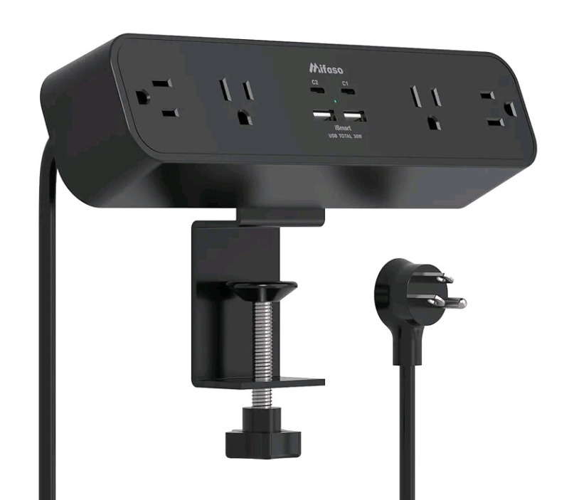 New - Mifaso PD30W Desk Clamp Power Strip, Desktop Mount Surge Protector, Fast Charging Station, 5Ft Extension Cord Desk Mount Shelf with 4 Outlets 2 USB Ports & 2 USB C
