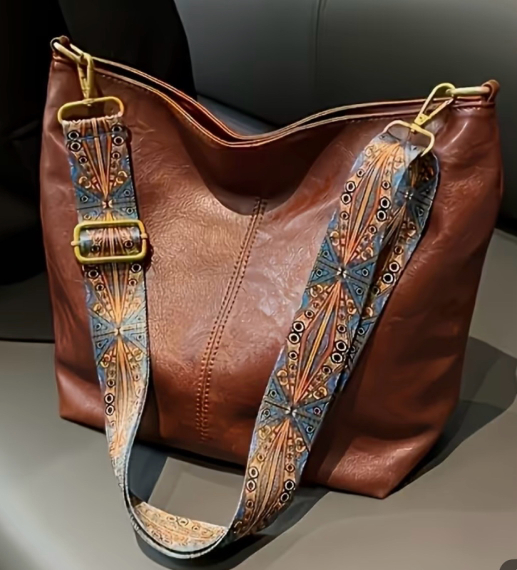 New Bohemian Style Large Capacity Shoulder Bag Vintage Wide Strap Crossbody Bag Compact and Elegant Single Shoulder Bag PU Leather Polyester Lining Approximately 10 x 9.25 x 12.5 In