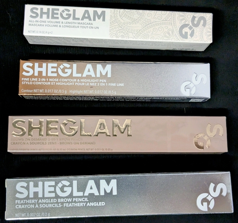 New Sealed SHEGlam Makeup: All-in-One Volume & Length Mascara : Washable Black (4g), Fine Line 2-in-One Nose Contour & Highlight Pen: Buff (0.5g), Brows on Demand 2-in-1 Brow Pencil: Taupe (0.5g), Feathery Angled Brow Pencil: Light Brown (0.2g)