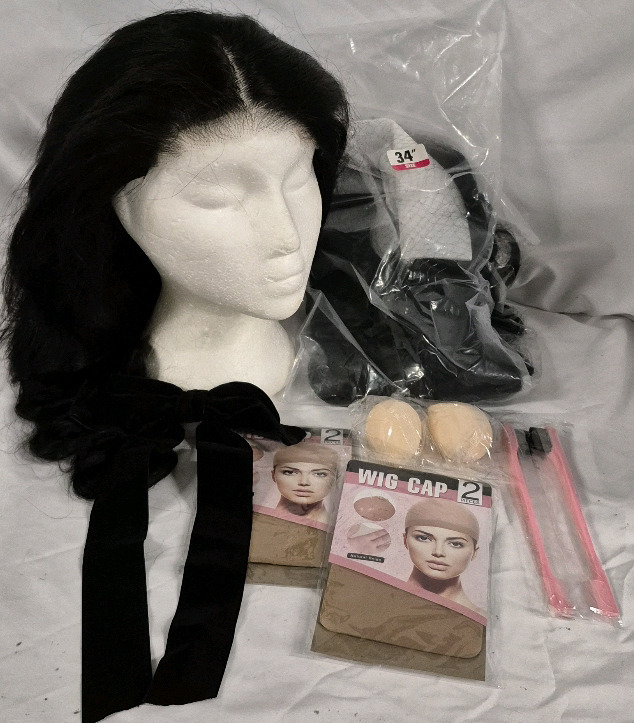 2 New 28" & 34" Long Black Hair Wigs & Wig Caps & Makeup Accessories