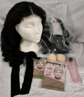 2 New 28" & 34" Long Black Hair Wigs & Wig Caps & Makeup Accessories