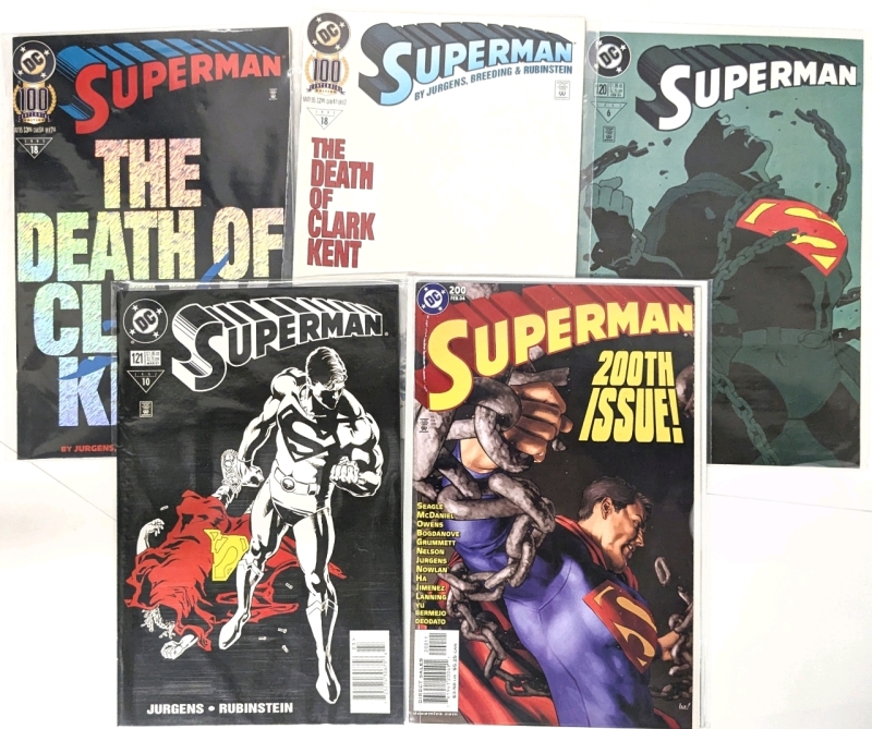 5 Vintage 1997 DC Comics (4 Direct Sale) SUPERMAN Rare Covers & Variant Cover Issues : 1995 The Death of Clark Kent &times;2, 1997 #120 + #121, 2004 #200, All Bagged, 2 Also Boarded