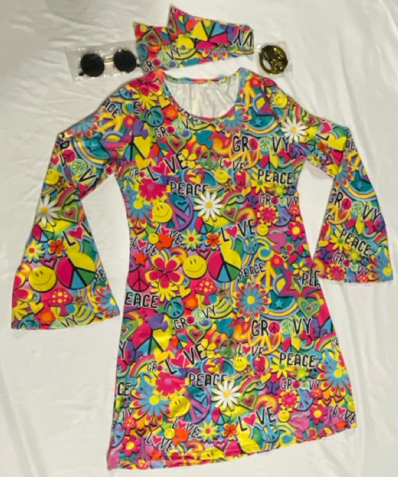 New Size Large Ladies Sixties-style Mini Dress with Flared Sleeves includes Headband, Sunglasses and Peace Sign Necklace & Earrings. Groovy baby!