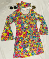 New Size Large Ladies Sixties-style Mini Dress with Flared Sleeves includes Headband, Sunglasses and Peace Sign Necklace & Earrings. Groovy baby!