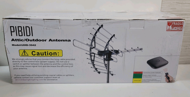 New - PIBIDI Digital HD TV Antenna, Amplified Attic/Outdoor Antenna, 360 Degree Rotation Wireless Remote, 4K 1080P VHF UHF, Mounting Pole Included, 200 Miles Range