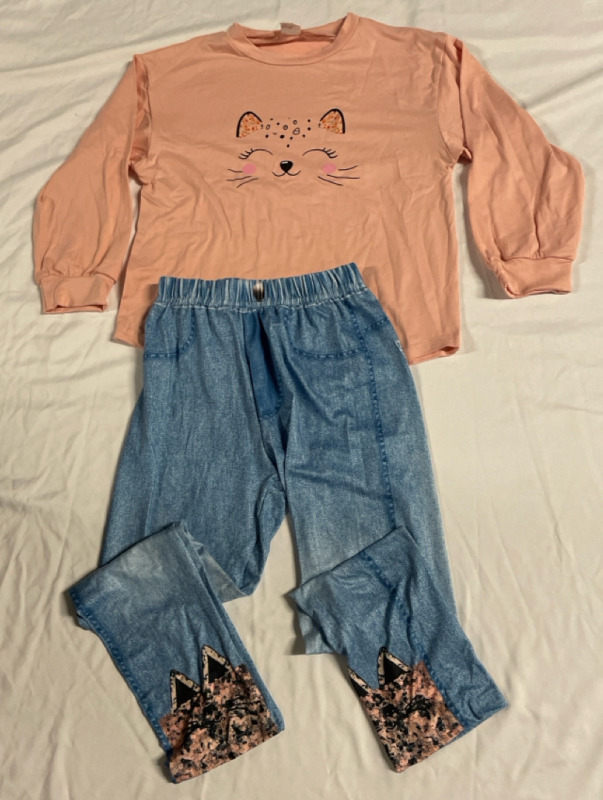 New Size 7Y Kids Super Soft 2pc Outfit | Cute Cat Design and Denim Print