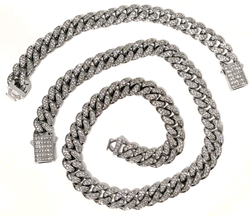 New 2-Piece Iced Out CZ Chunky Miami Cuban Link Chain Bracelet (8") & Matching Necklace (20")