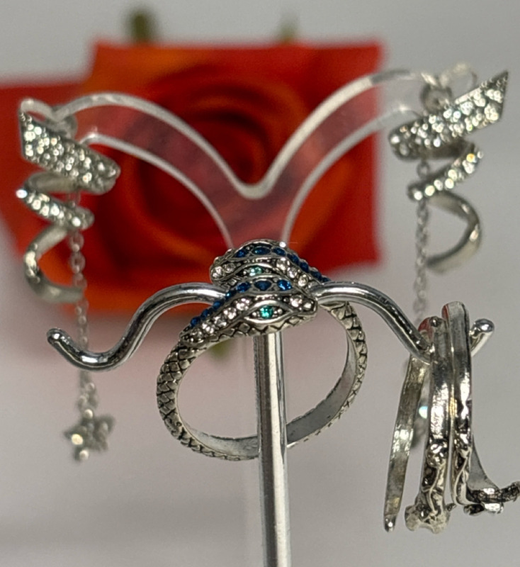 Beautiful Dangling 2 Piece Rhinestone Pierced Earrings 2 inch drop Rhinestone Blue Green Snake Ring size 9 Two Snake Rings Size 7 Stacking
