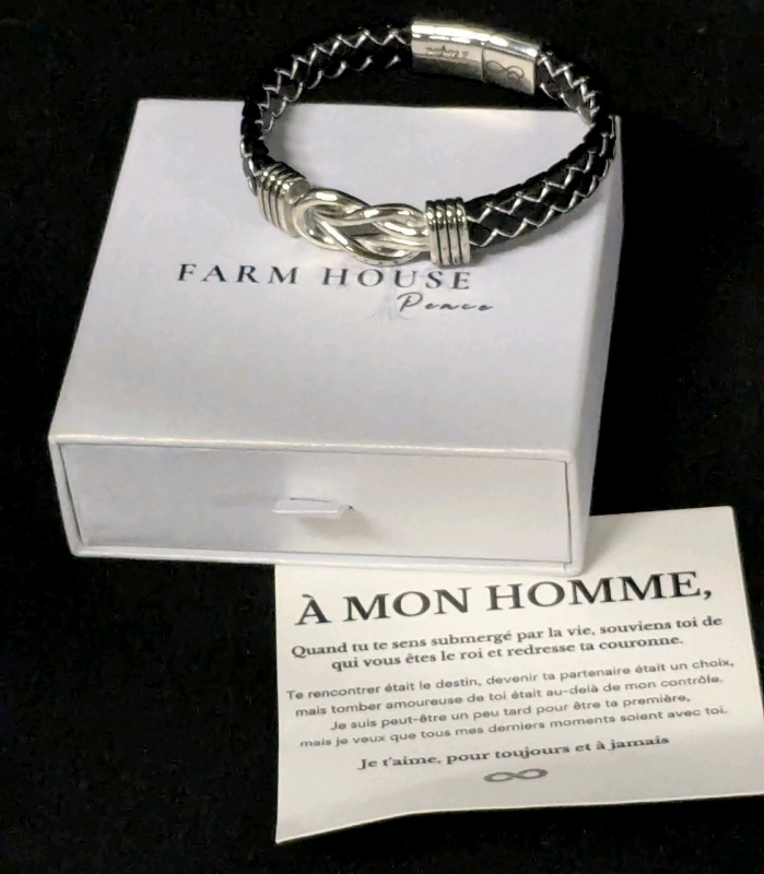 New Farm House Peace : (French) &Agrave; MON HOMME - 8" Leather Bound Infinity Bracelet "Je T'Aimr &agrave; l'infiniti" Etched on Clasp - Retails $50!