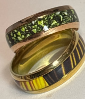 Two 8mm Titanium Stainless Steel Wedding Band Ring one Full Explosion Koa Wood Inlay Size 13 Second Green Accents Size 12