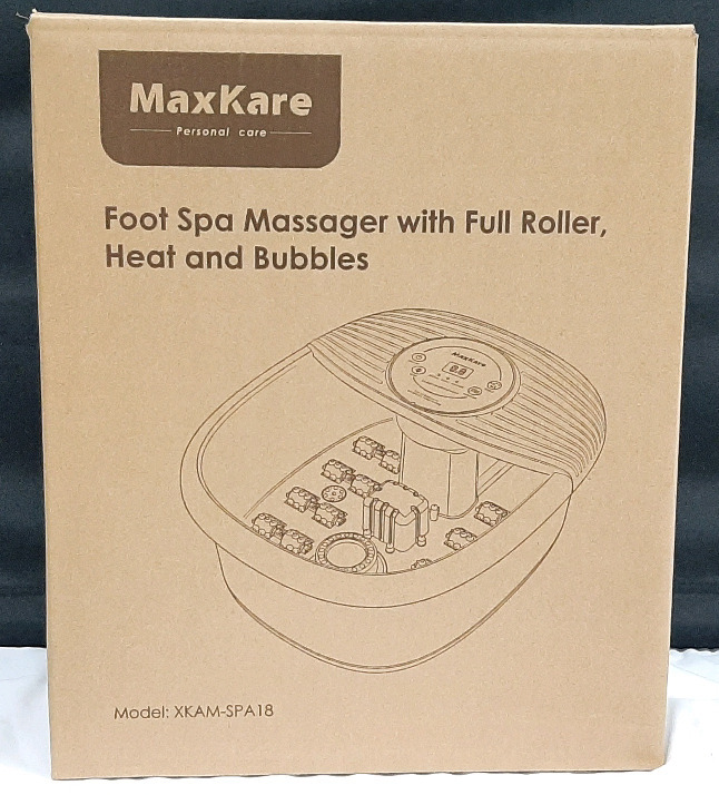 New in Box MaxKare Foot Spa Massager w/ Full Roller, Heat and Bubbles | Package Measures 16" Tall, 13" Wide