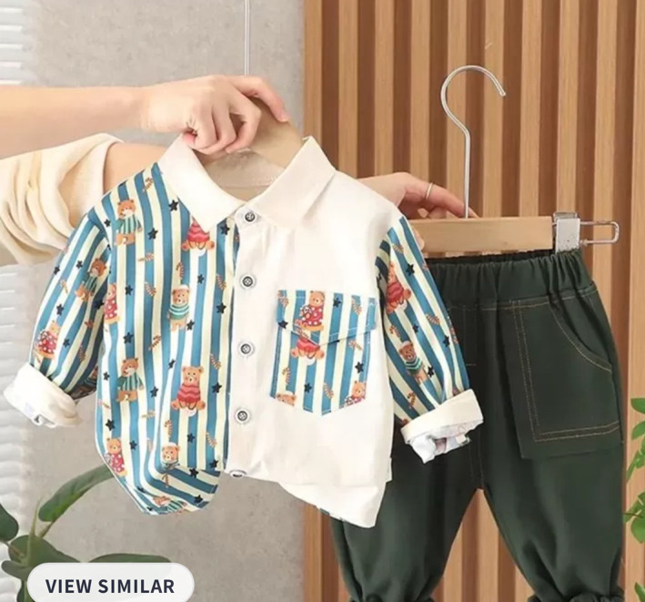 New Size Med Kids MiniOlie Adorable Bear print 2pc Button Down Shirt and Elastic Waist Pants | See description for more measurements