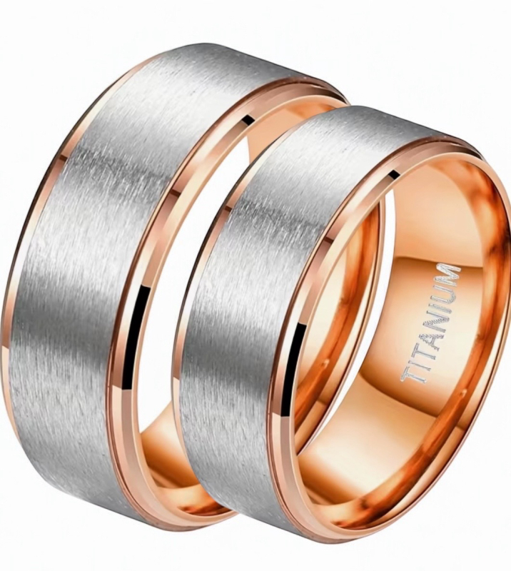 Two Elegant Rose Golden & Matte Titanium Ring 8mm Wide Wedding Band Size 9 / 14